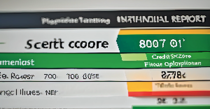 A close-up view of a credit score report with a high score, surrounded by blurred images of a house and a car in the background.