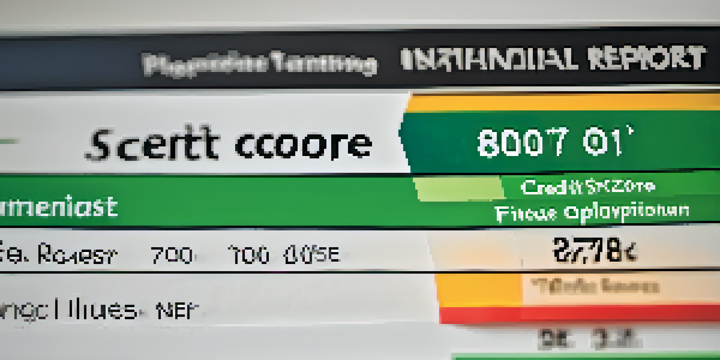 A close-up view of a credit score report with a high score, surrounded by blurred images of a house and a car in the background.