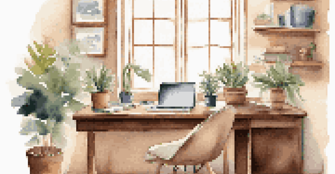 A cozy home office with a wooden desk, laptop, potted plant, and coffee mug, illuminated by soft natural light.