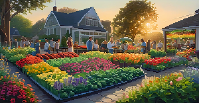 A community garden filled with diverse people planting and caring for flowers and vegetables under a golden sunset sky.