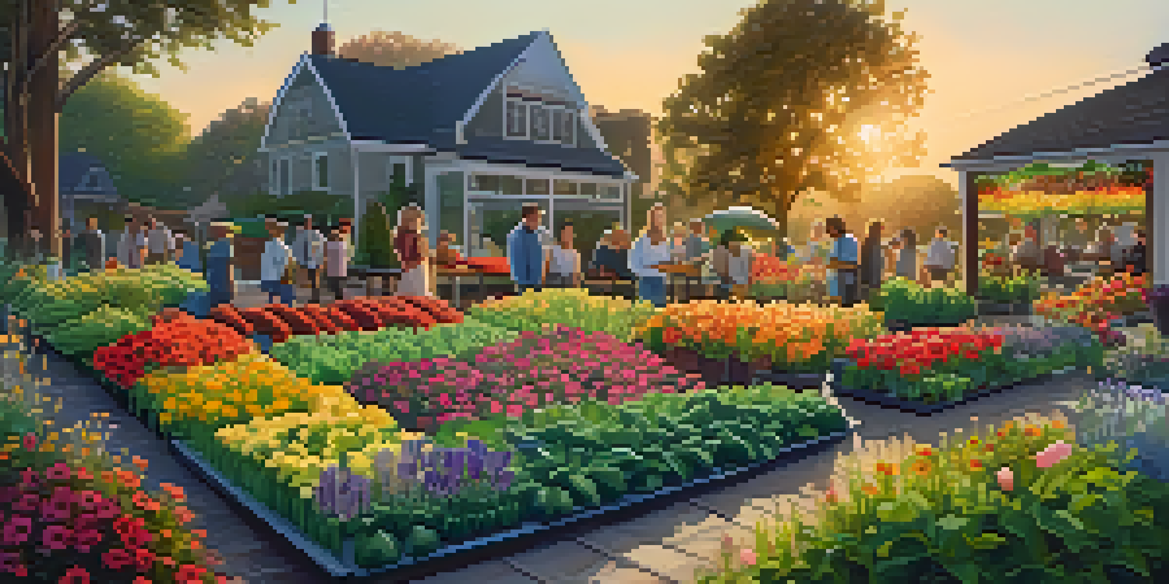 A community garden filled with diverse people planting and caring for flowers and vegetables under a golden sunset sky.