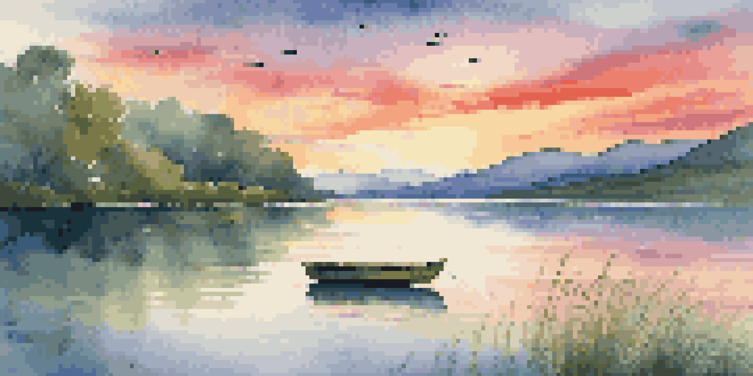 A tranquil lake surrounded by green mountains at sunset, with a wooden boat on the shore and birds flying in the sky.