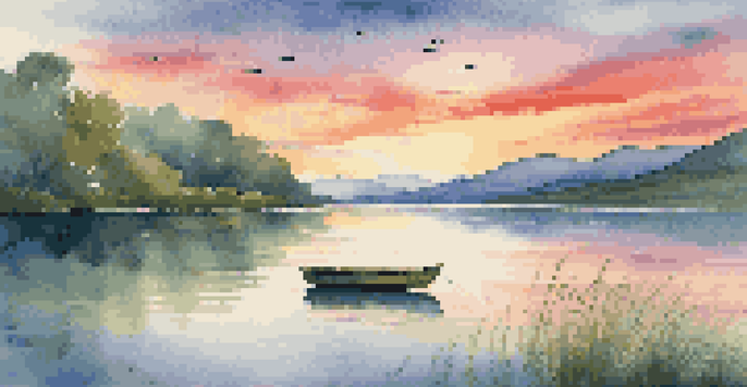 A tranquil lake surrounded by green mountains at sunset, with a wooden boat on the shore and birds flying in the sky.
