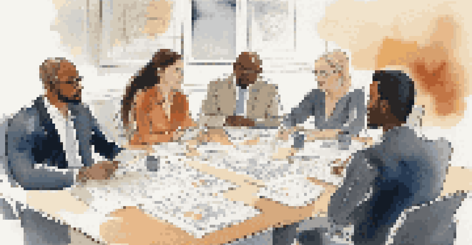 A diverse group of people discussing around a conference table, with papers and tablets in front of them, in a warmly lit room.