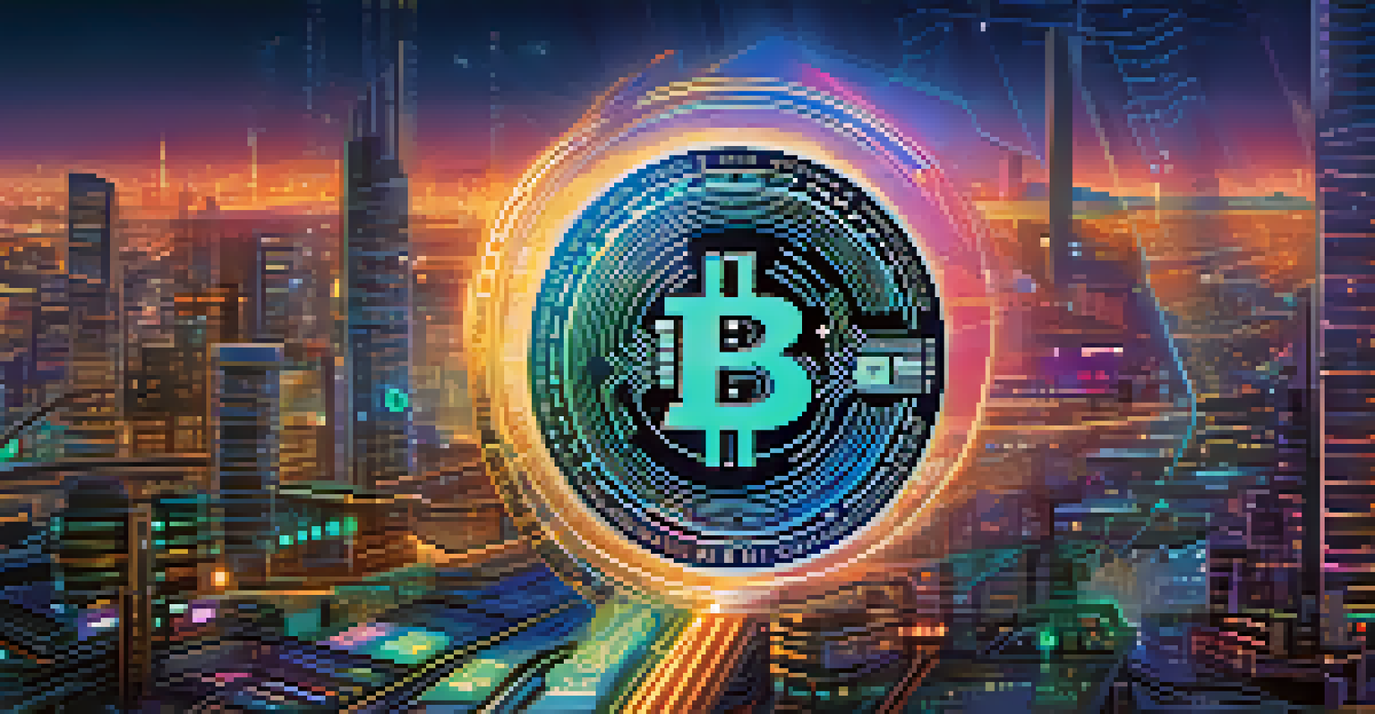 A glowing coin with circuits and holographic graphs against a futuristic skyline, representing digital currency.
