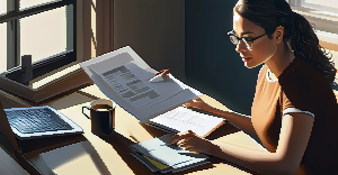 A small business owner reviewing financial reports on a desk with a laptop and coffee cup, illuminated by warm morning light.