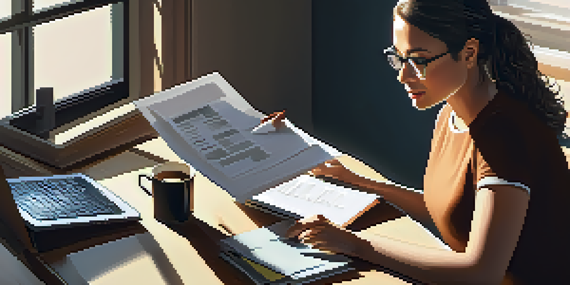 A small business owner reviewing financial reports on a desk with a laptop and coffee cup, illuminated by warm morning light.