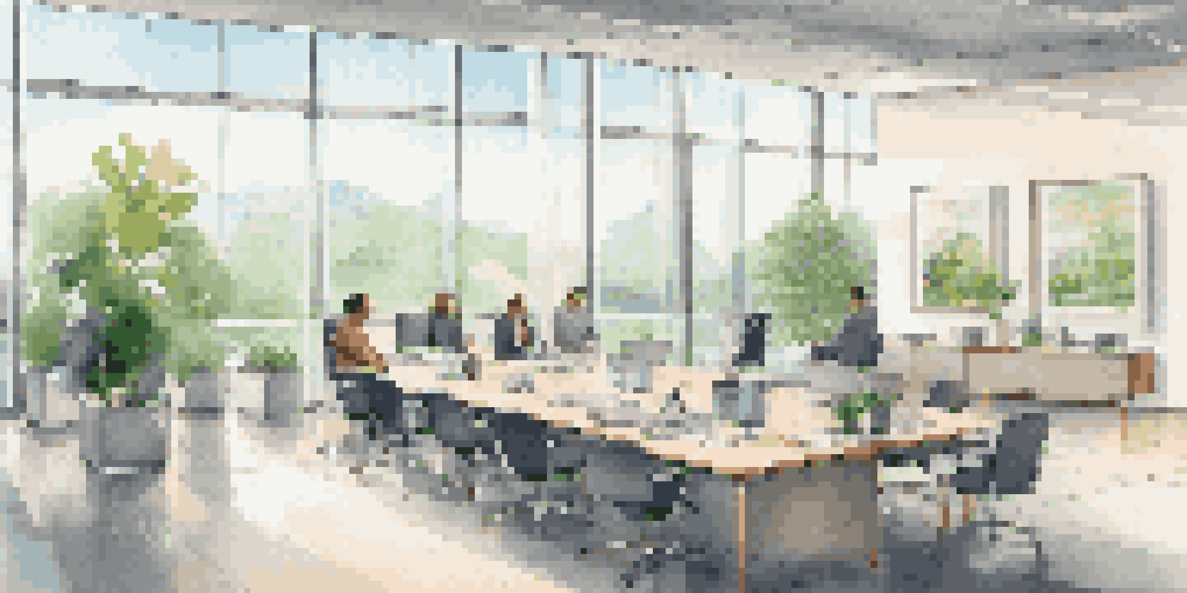 A modern financial technology office with large glass windows and bright natural light, featuring employees working together around a sleek conference table.