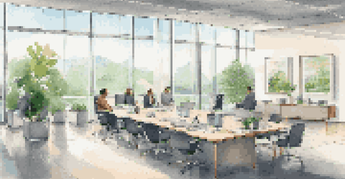 A modern financial technology office with large glass windows and bright natural light, featuring employees working together around a sleek conference table.
