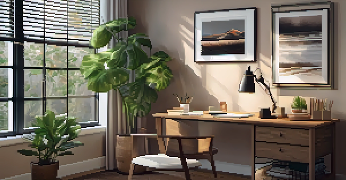 A warm and inviting home office with a wooden desk, laptop, notepad, and coffee cup, illuminated by a table lamp, with potted plants in the background.