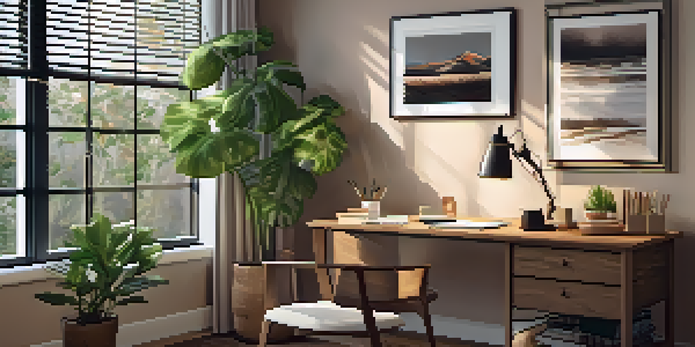 A warm and inviting home office with a wooden desk, laptop, notepad, and coffee cup, illuminated by a table lamp, with potted plants in the background.