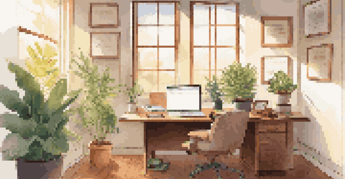 A well-lit office space featuring a wooden desk with a laptop and a notepad, sunlight streaming through the window.