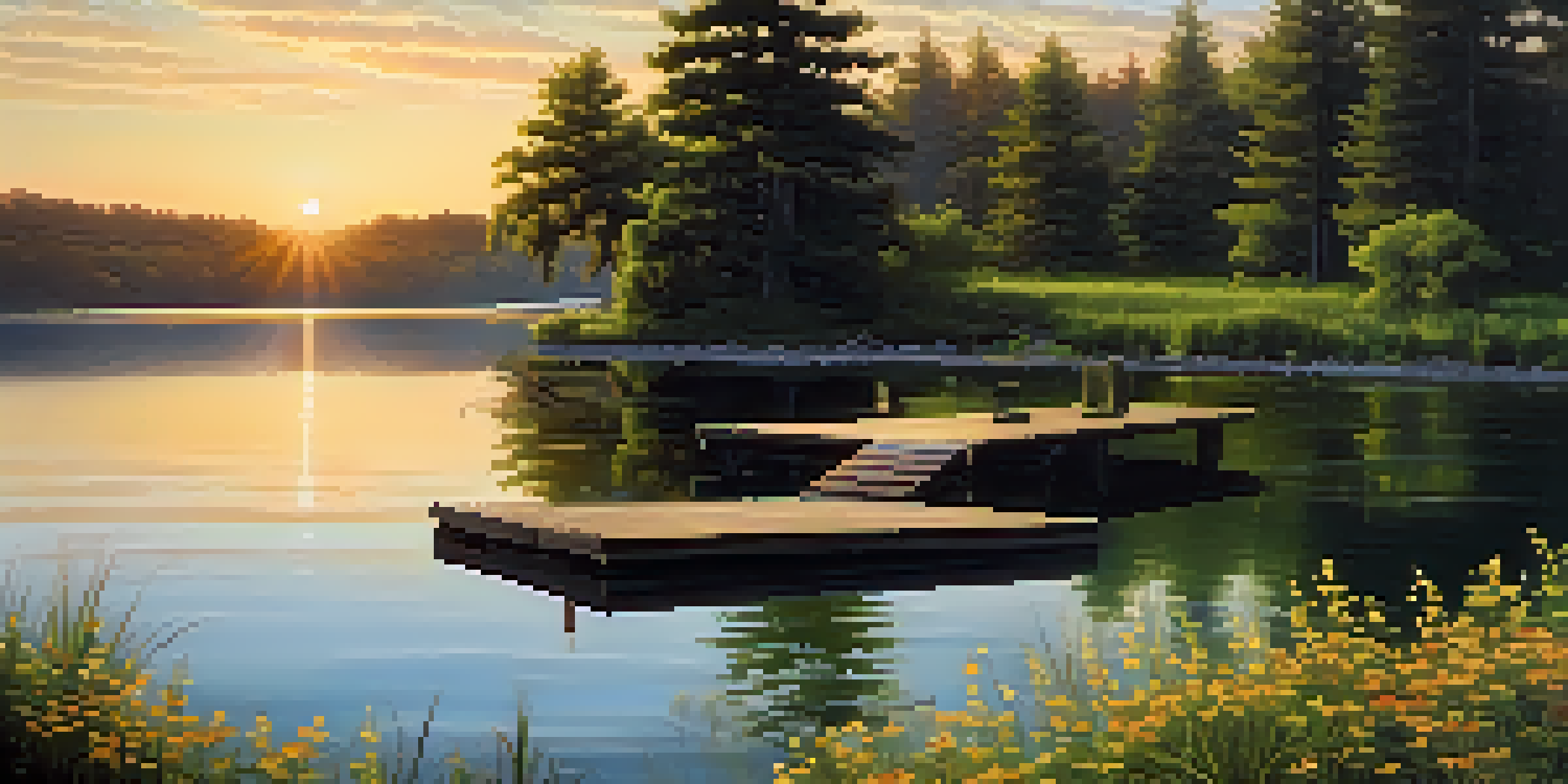 A tranquil lake surrounded by green trees and colorful wildflowers at sunset, with a small wooden dock extending into the water.