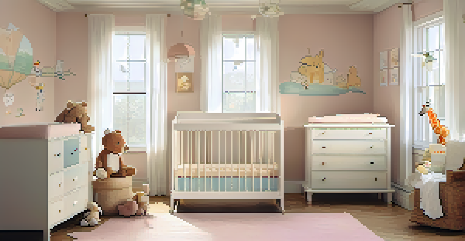 A cozy nursery with a crib, plush toys, and pastel-colored walls, illuminated by sunlight.