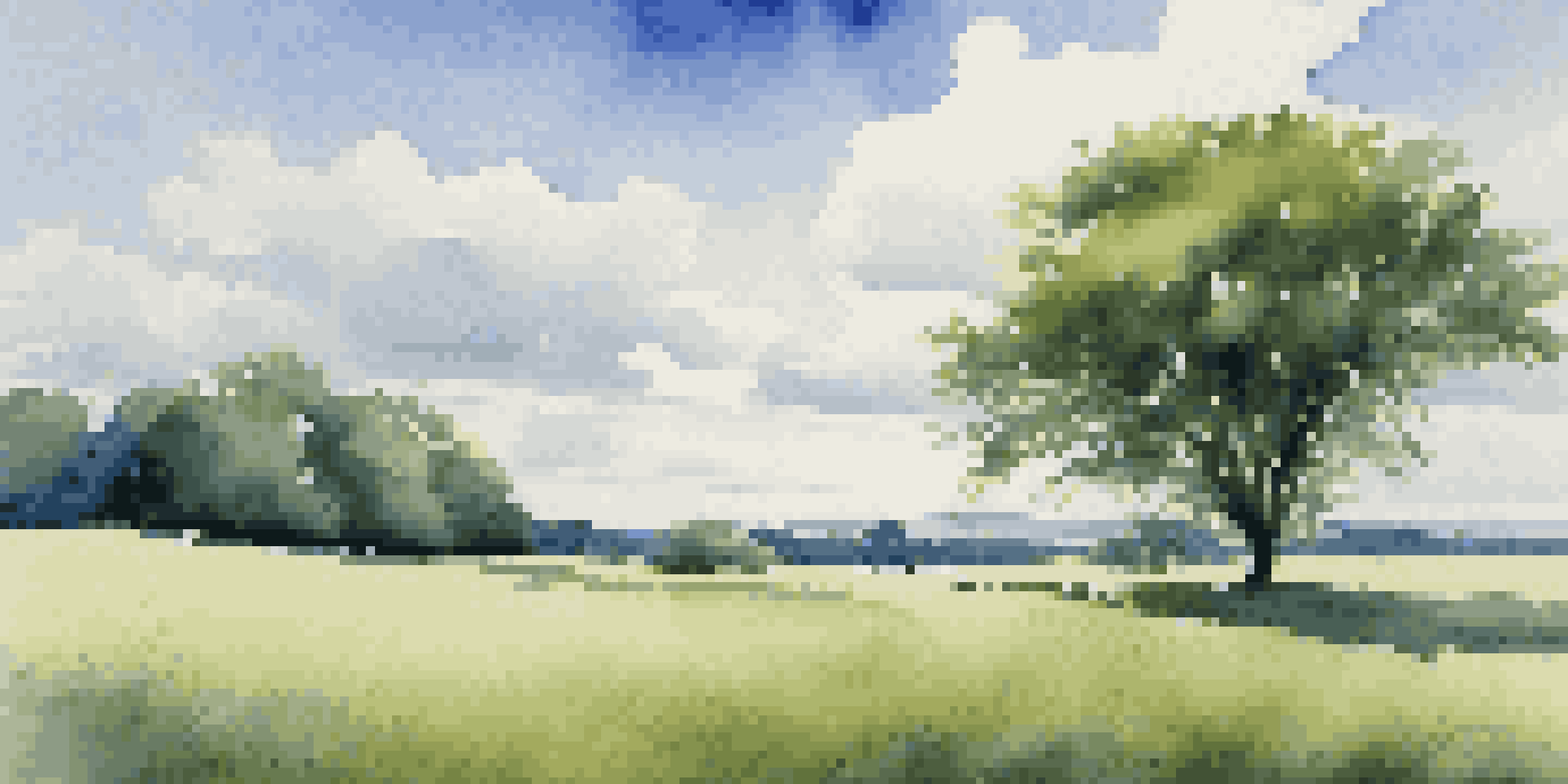 A peaceful green field with a single tree, under a clear blue sky with clouds, showcasing sunlight filtering through the leaves.