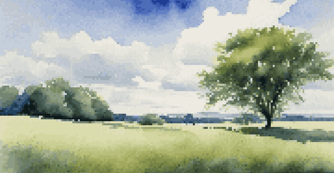 A peaceful green field with a single tree, under a clear blue sky with clouds, showcasing sunlight filtering through the leaves.