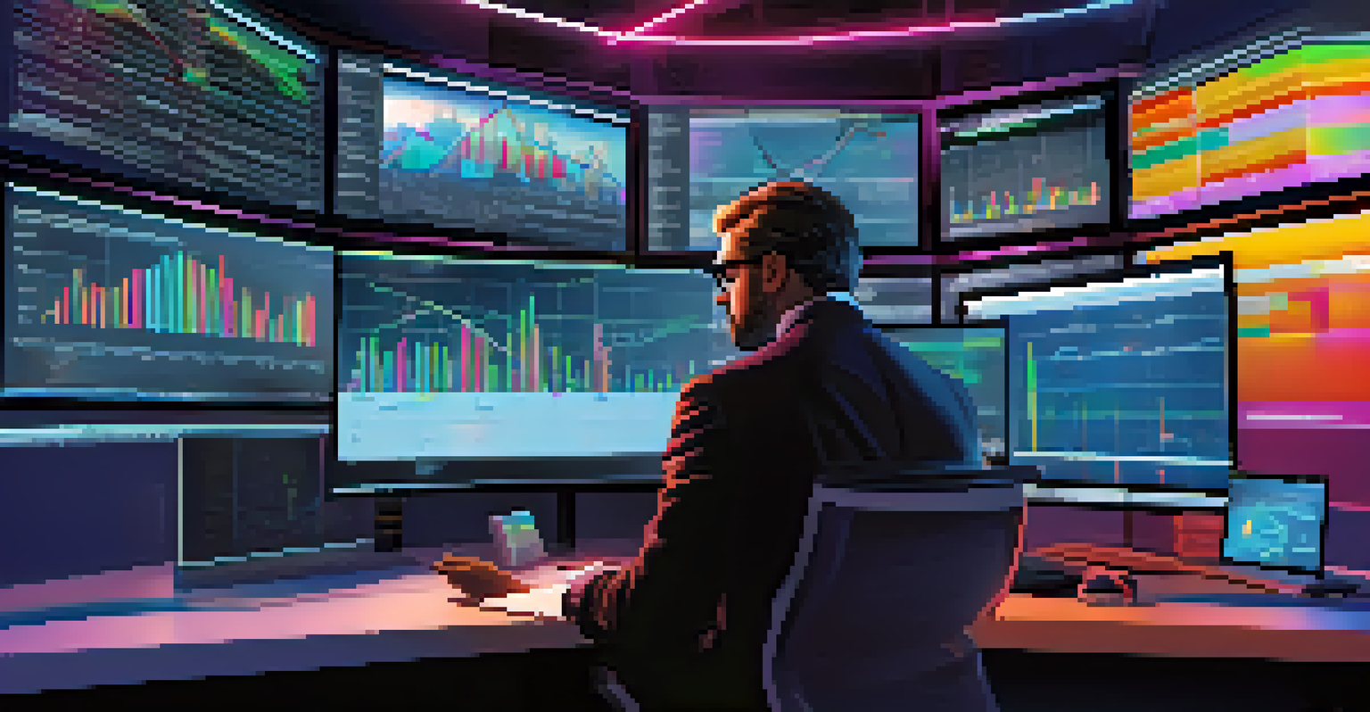 A financial strategist analyzing market trends on multiple screens in a high-tech environment.