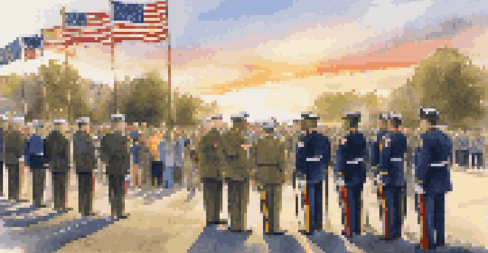 A military retirement ceremony with service members in uniform standing outdoors during sunset, with flags and an audience of family and friends.
