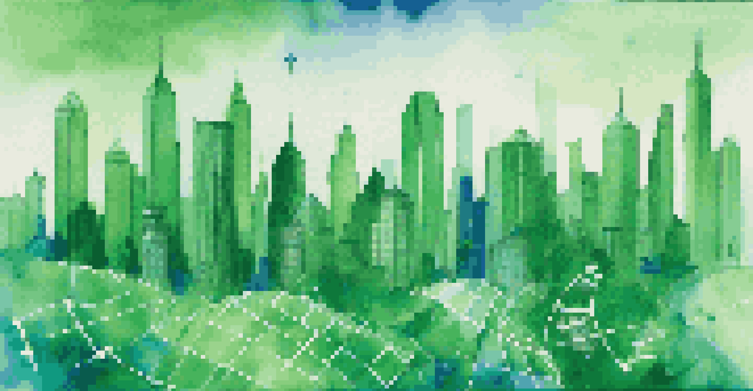 An abstract image depicting corporate bonds with floating financial graphs and dollar signs against a city skyline, using green and blue colors.