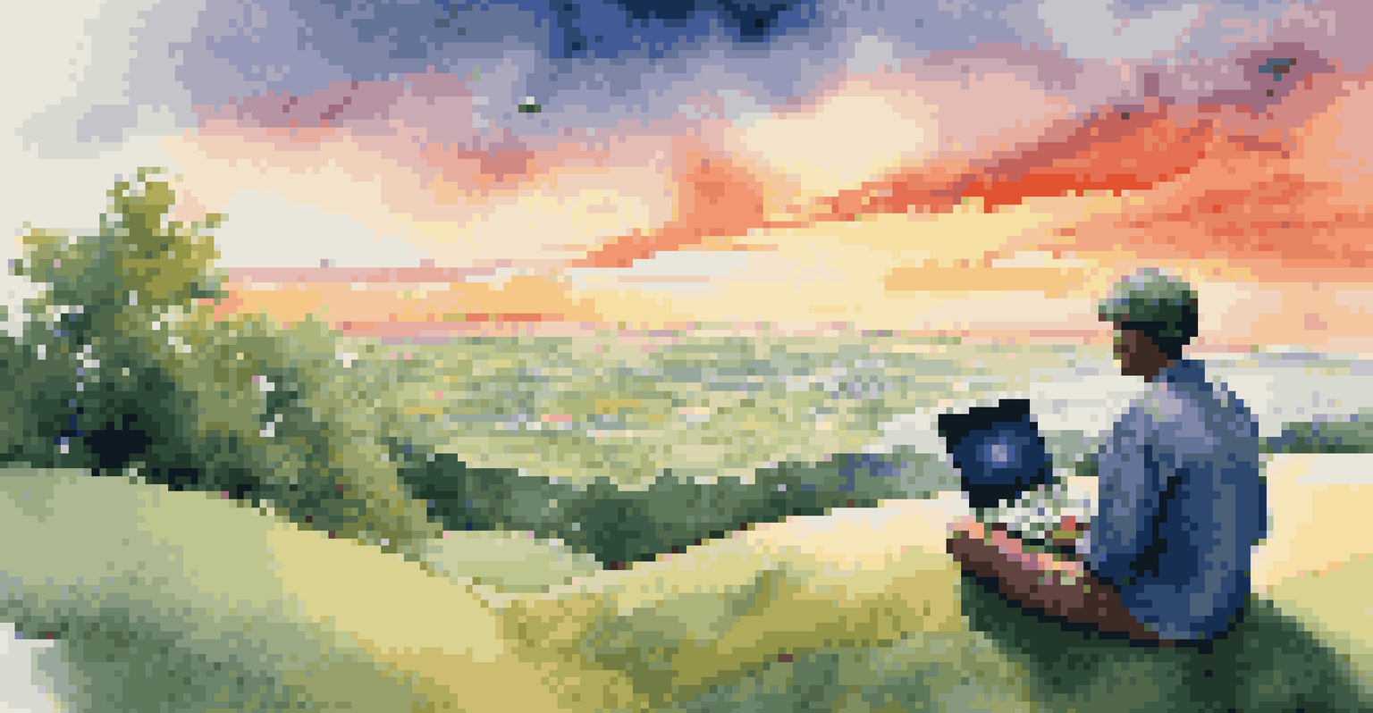 A person sitting on a hilltop with a laptop, analyzing data against a vibrant sunset backdrop, representing the integration of nature and technology.