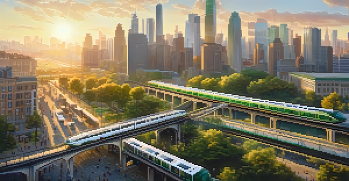 A lively city with modern transportation systems and green parks, bathed in golden hour light.