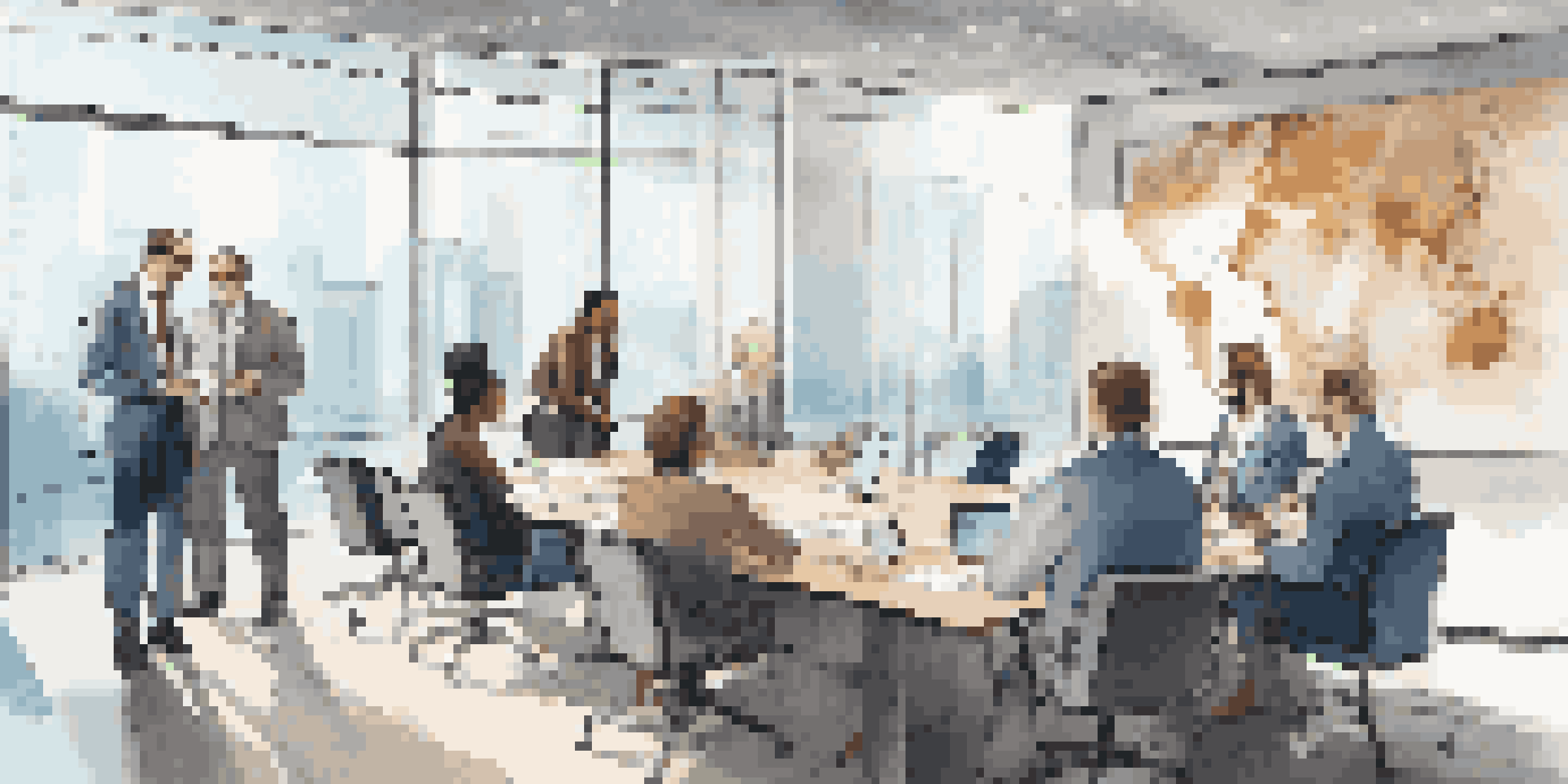A diverse group of professionals discussing pension management strategies in a bright modern office with charts on display.