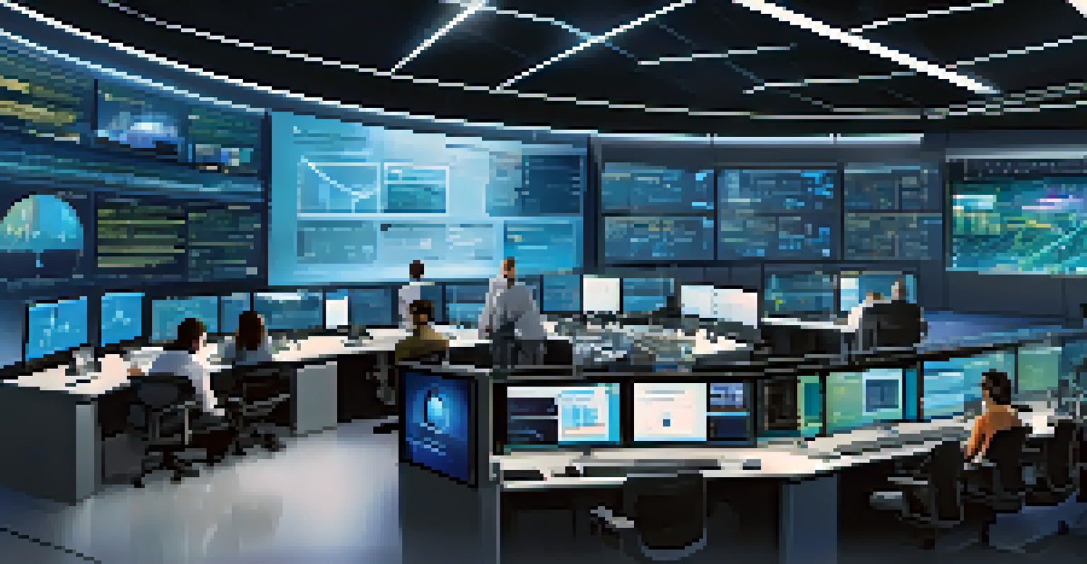 A smart grid control room with engineers analyzing data on large screens and ambient blue lighting.