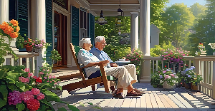 An elderly couple sits on a porch surrounded by greenery and flowers, enjoying drinks in the sunlight.