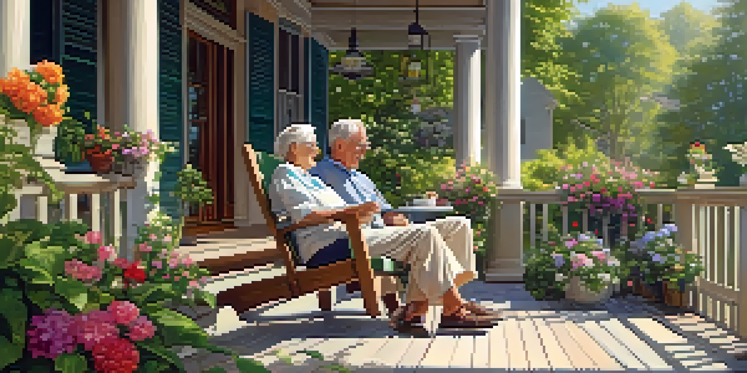 An elderly couple sits on a porch surrounded by greenery and flowers, enjoying drinks in the sunlight.