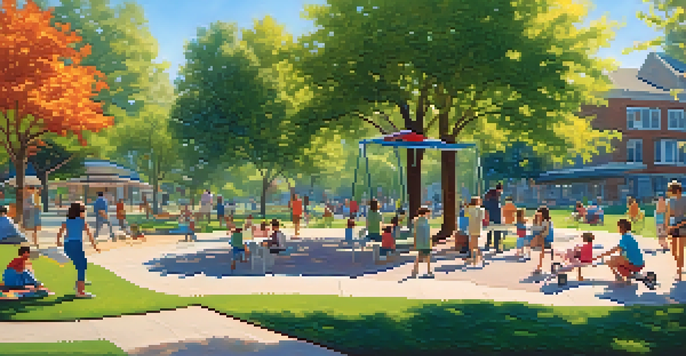 A lively park scene with families, children playing, and adults relaxing under trees on a sunny day.