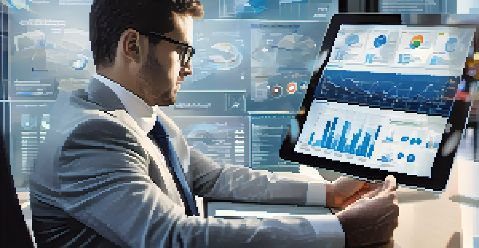 An auditor using a tablet with data analytics in a modern office, with a large screen displaying financial graphs in the background.