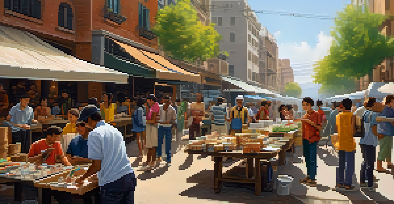 A lively street scene depicting young entrepreneurs involved in various side hustles, including street vending, freelancing, and showcasing artwork.