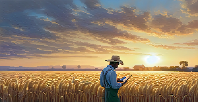 A farmer in a golden wheat field using a tablet, with a sunset in the background, symbolizing market control through derivatives.
