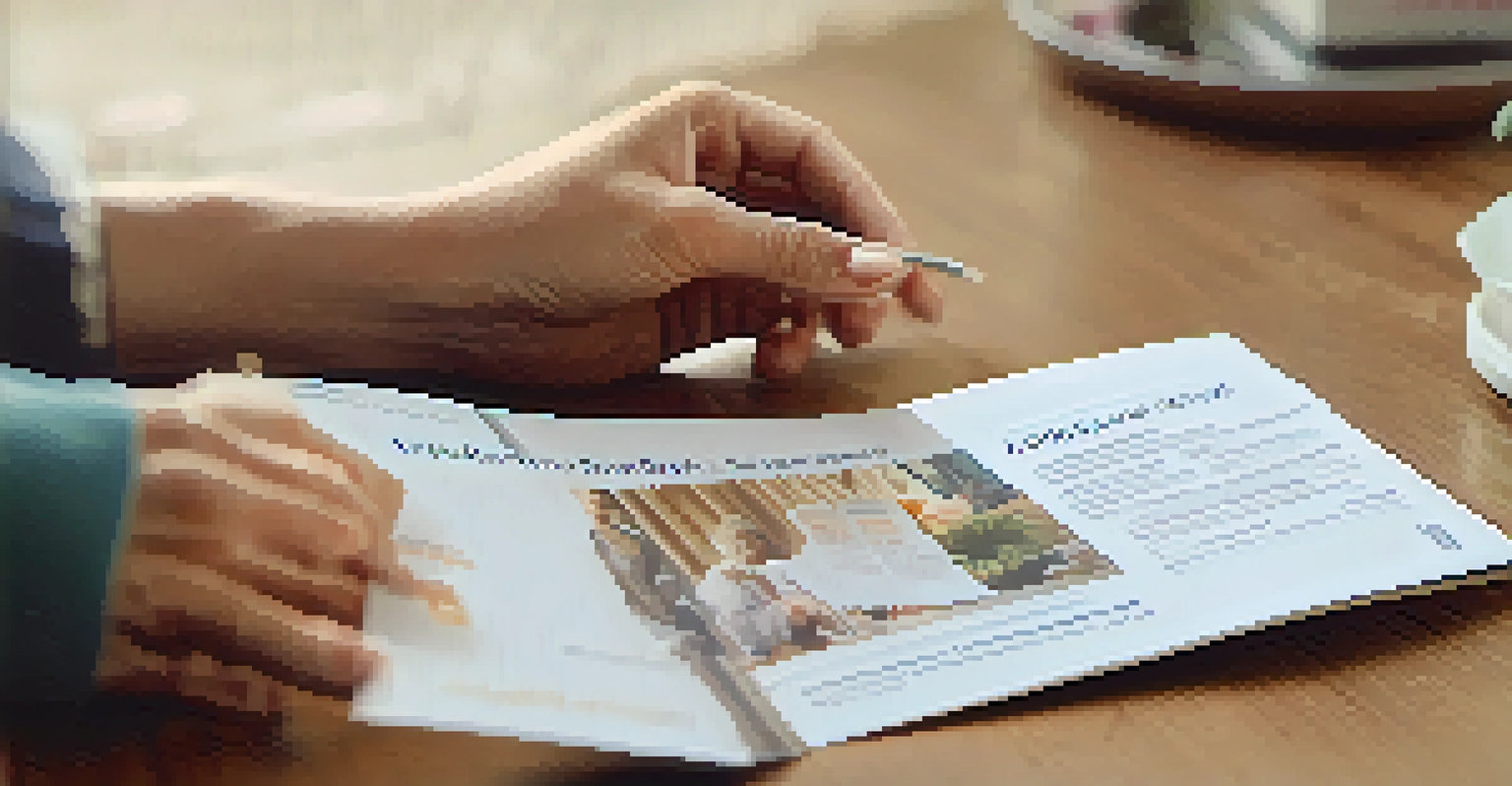 A close-up of an elderly person's hand and a younger person's hand holding a brochure about long-term care insurance.