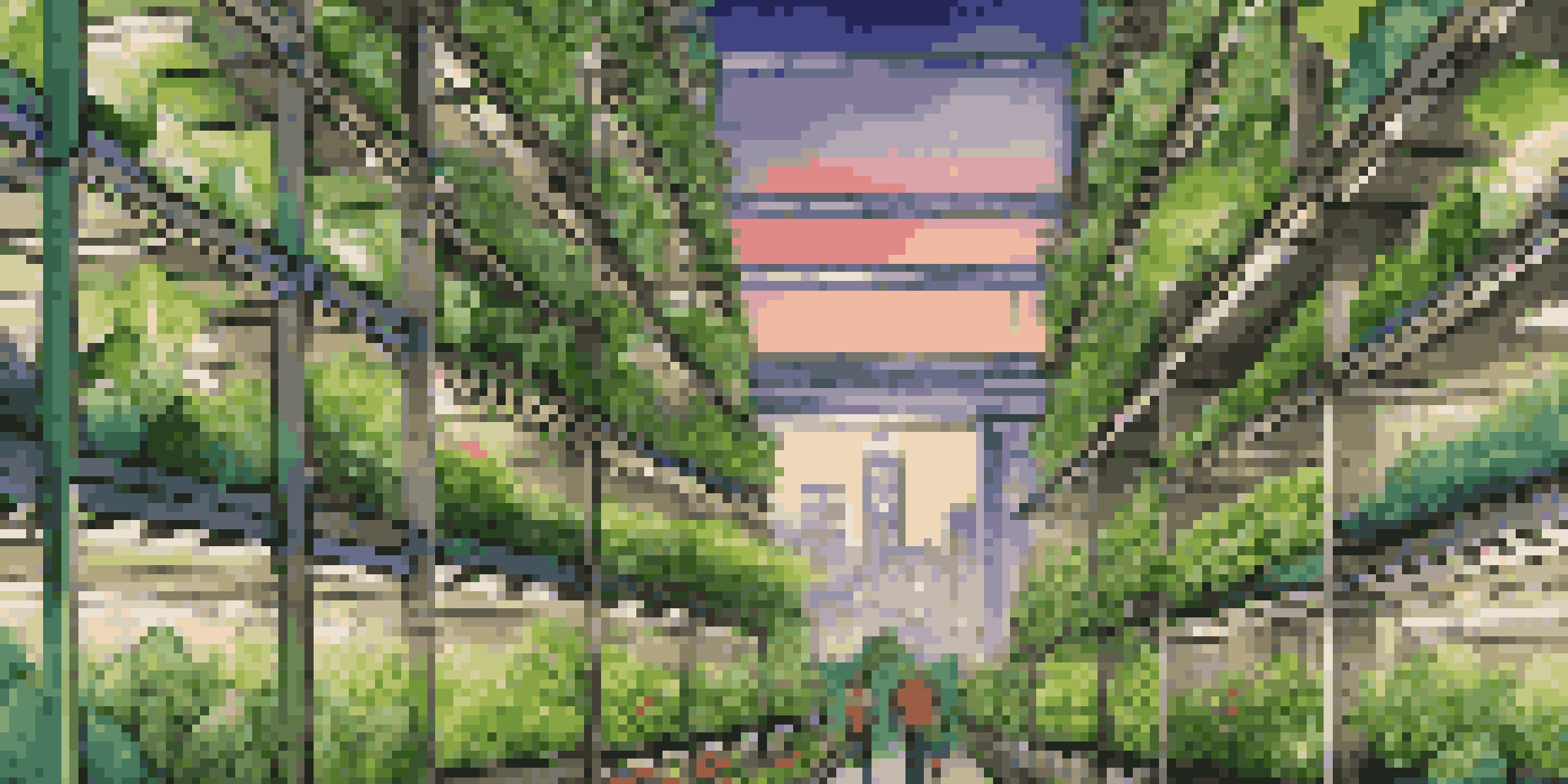 An urban vertical farm with layers of green plants and a city skyline in the background.