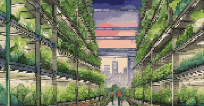 An urban vertical farm with layers of green plants and a city skyline in the background.