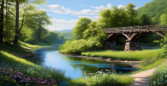 A peaceful valley with a winding river, colorful wildflowers, and a wooden bridge under a clear sky.