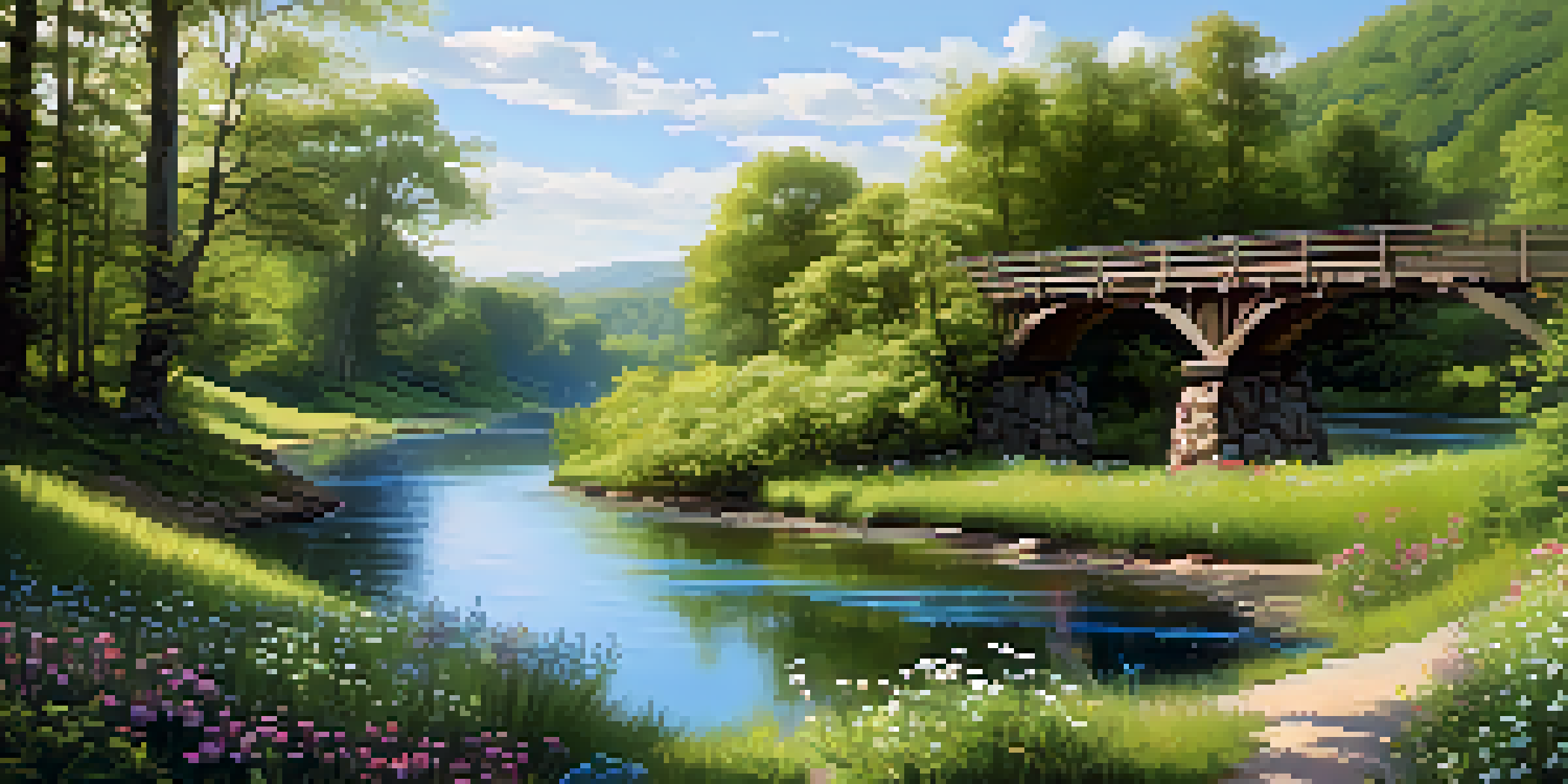 A peaceful valley with a winding river, colorful wildflowers, and a wooden bridge under a clear sky.