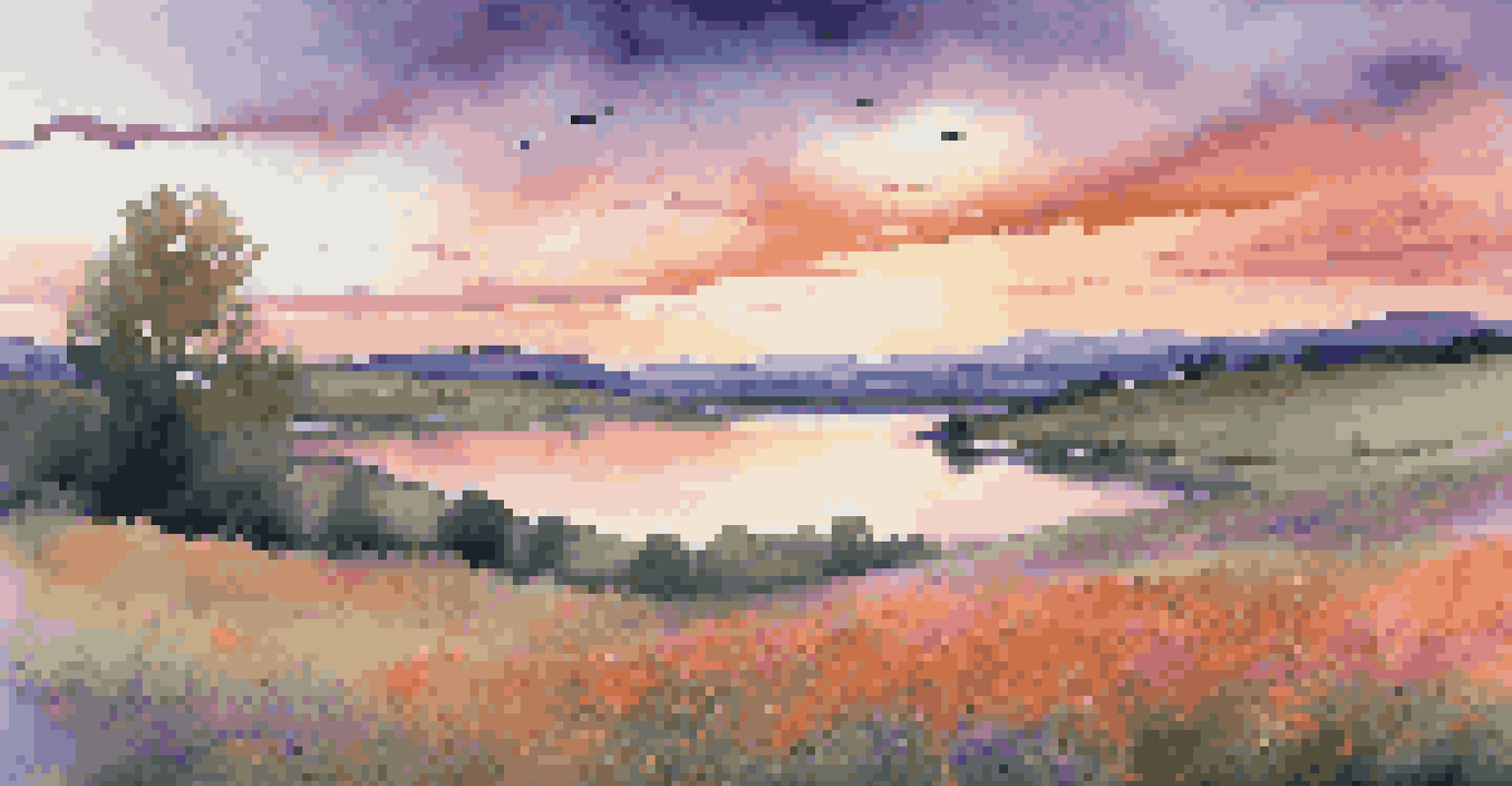 A picturesque landscape with rolling hills and a sunset, featuring wildflowers and a swan on a calm lake.