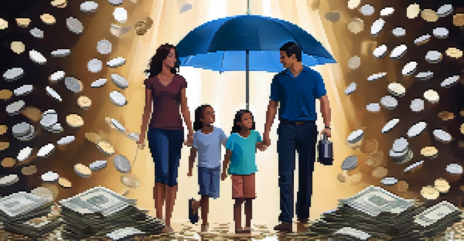 A family huddled under an umbrella made of money, symbolizing financial protection provided by insurance.