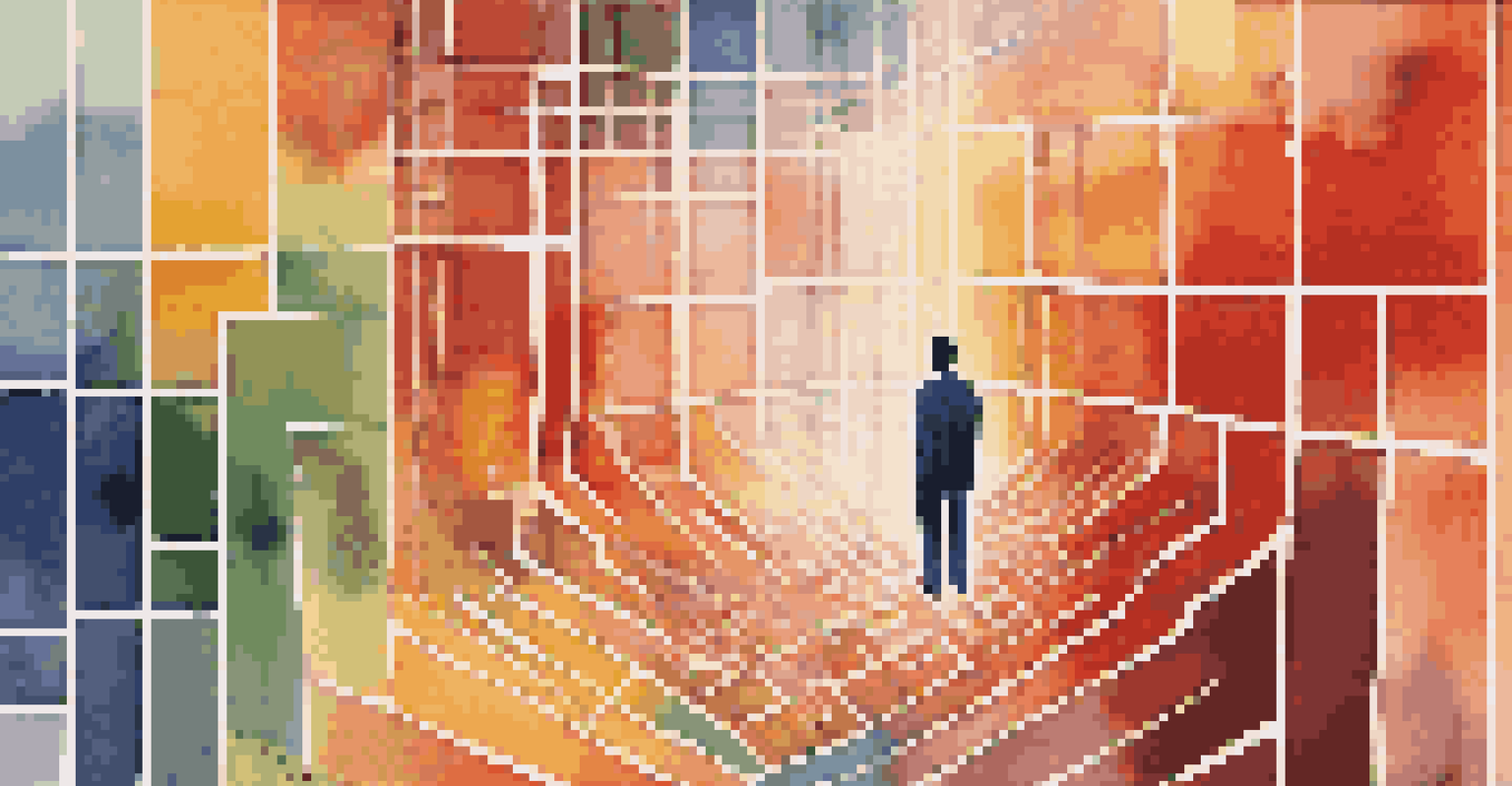 An abstract illustration of market psychology with a human figure in a maze of stock graphs and emotional icons.