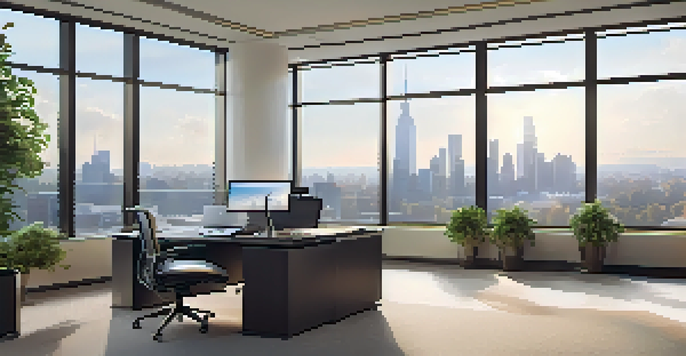 A modern investment office with a city skyline view, featuring a desk with a laptop and plants.