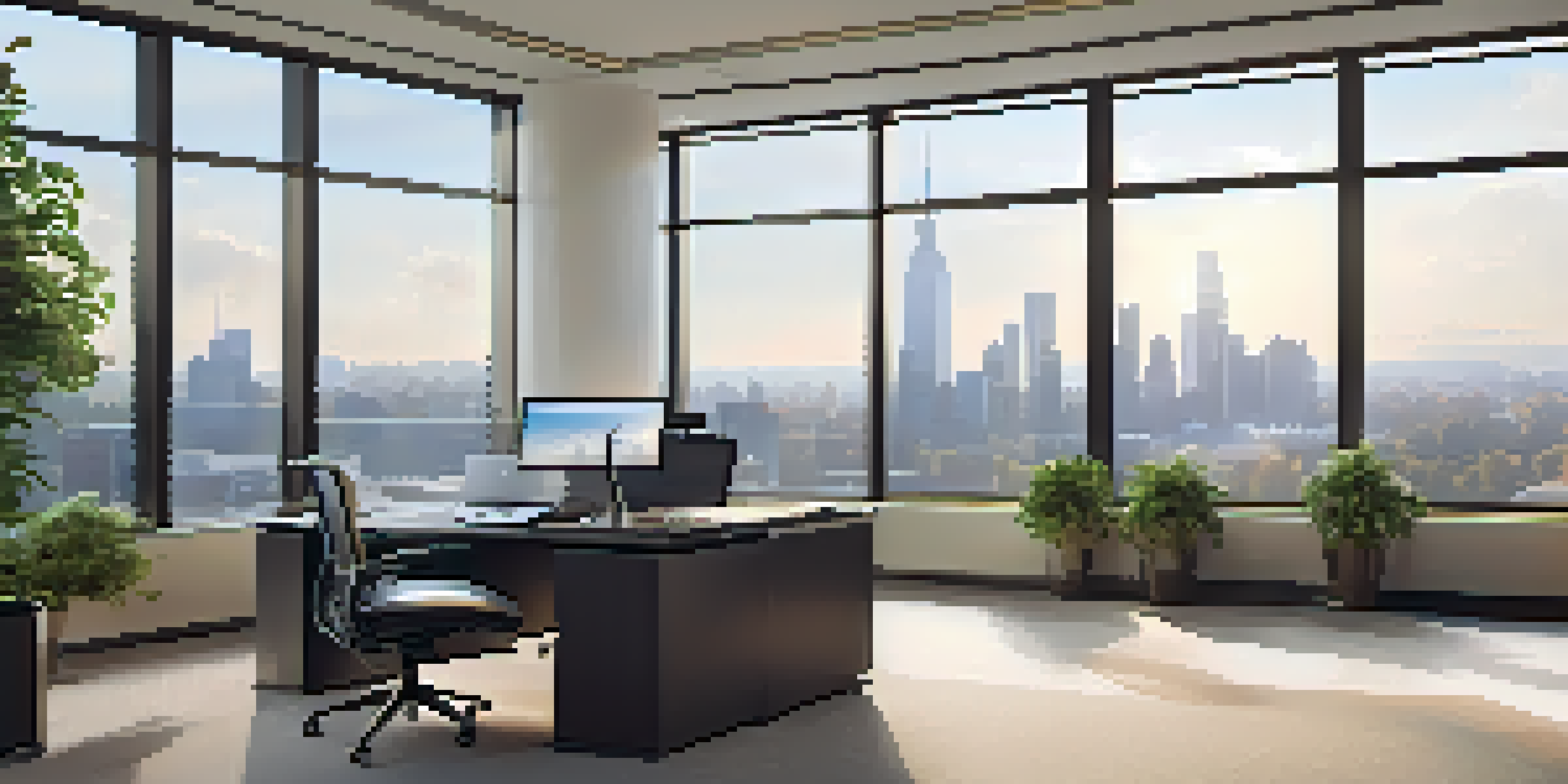 A modern investment office with a city skyline view, featuring a desk with a laptop and plants.