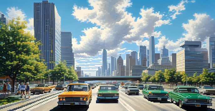 A busy highway with cars, overpasses, and green spaces, set against a backdrop of tall skyscrapers and a bright blue sky.