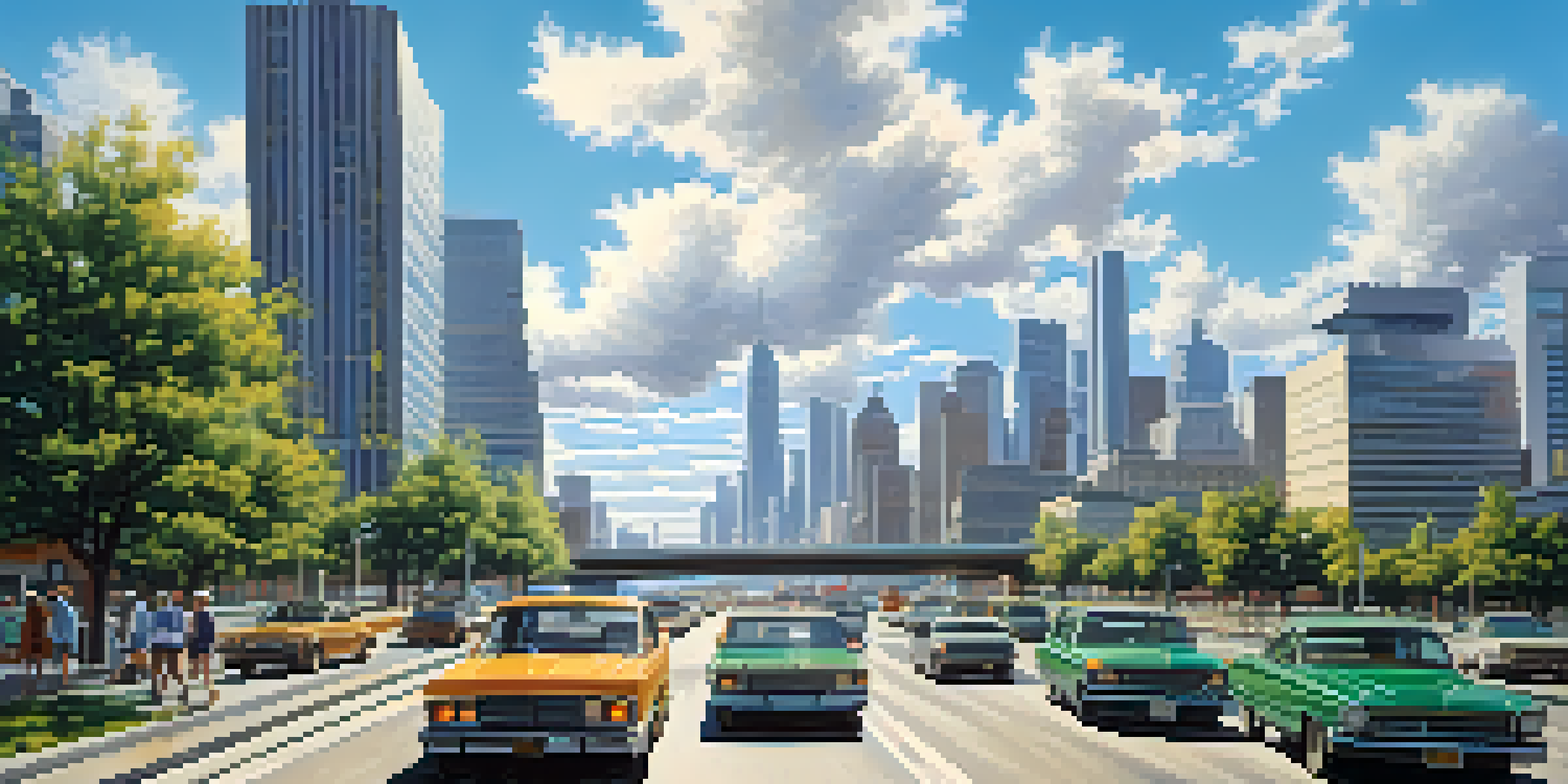 A busy highway with cars, overpasses, and green spaces, set against a backdrop of tall skyscrapers and a bright blue sky.