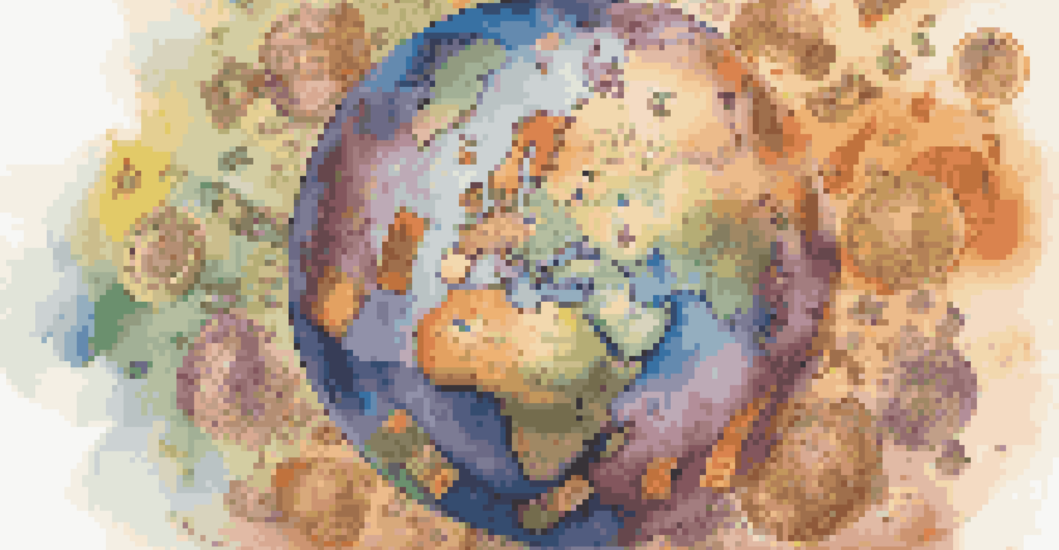 A colorful globe surrounded by various currency symbols representing different cultures and financial practices.