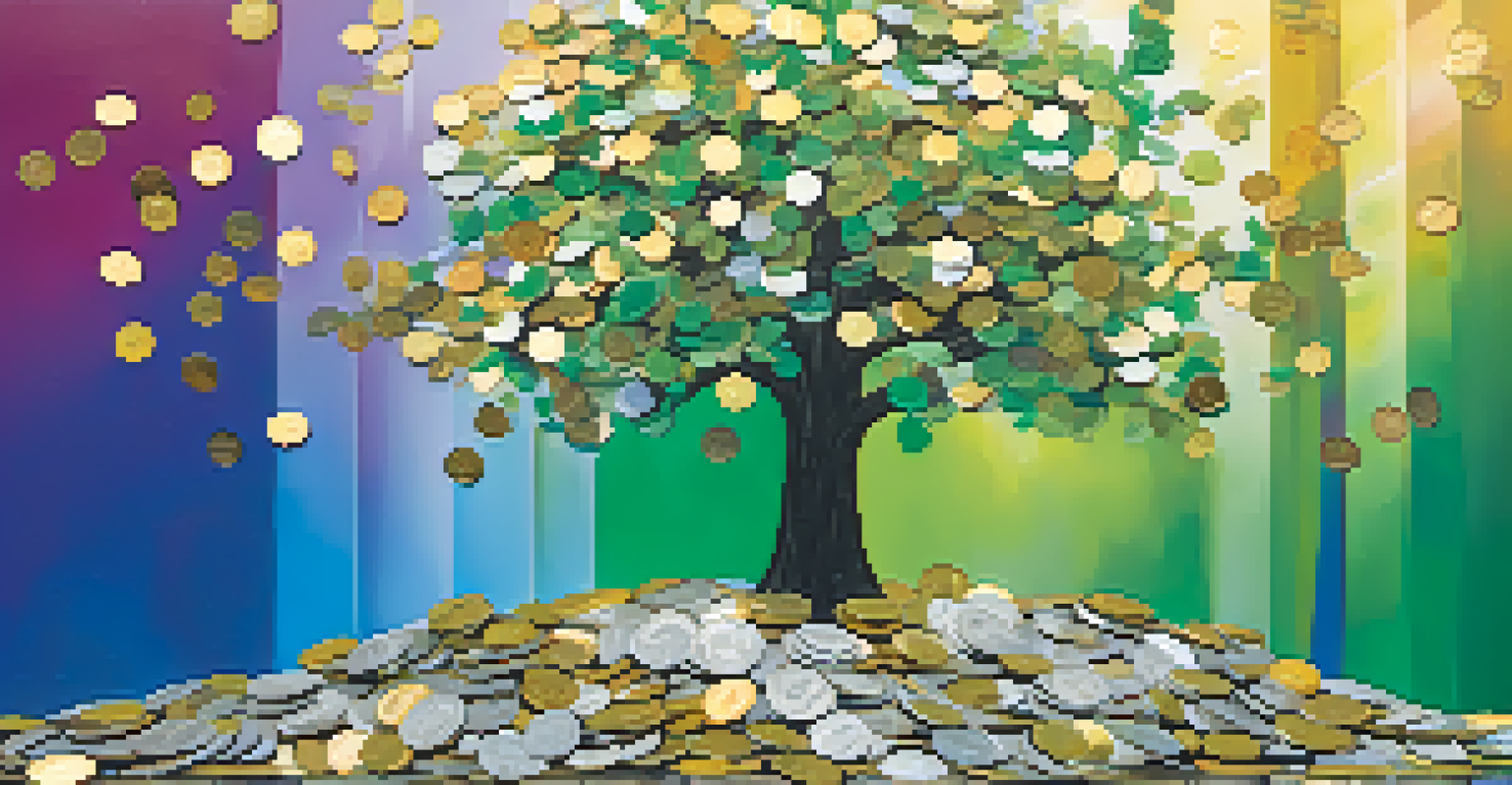 An abstract tree made of coins and dollar bills set against a gradient background, symbolizing investment growth.