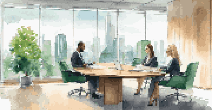 A modern conference room with two business people discussing at a wooden table, large windows showing a city skyline.