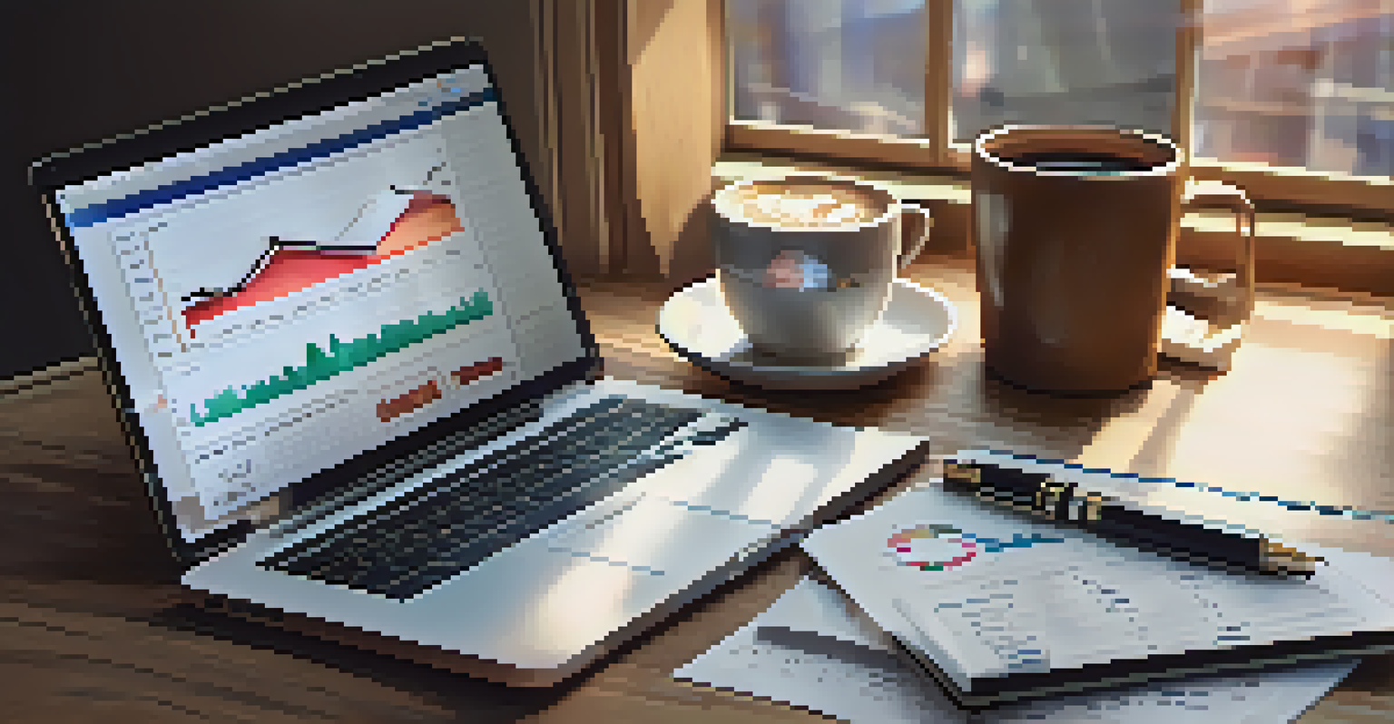 A close-up view of a wooden desk with a laptop, notepad, and coffee cup, illuminated by soft morning light, symbolizing investment focus.