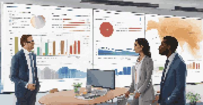 A diverse team of three professionals discussing a colorful financial roadmap displayed on a large screen in a modern office with natural light.